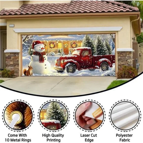 Snowman & Red Truck Christmas Garage Door Cover - Large Winter Holiday Decor